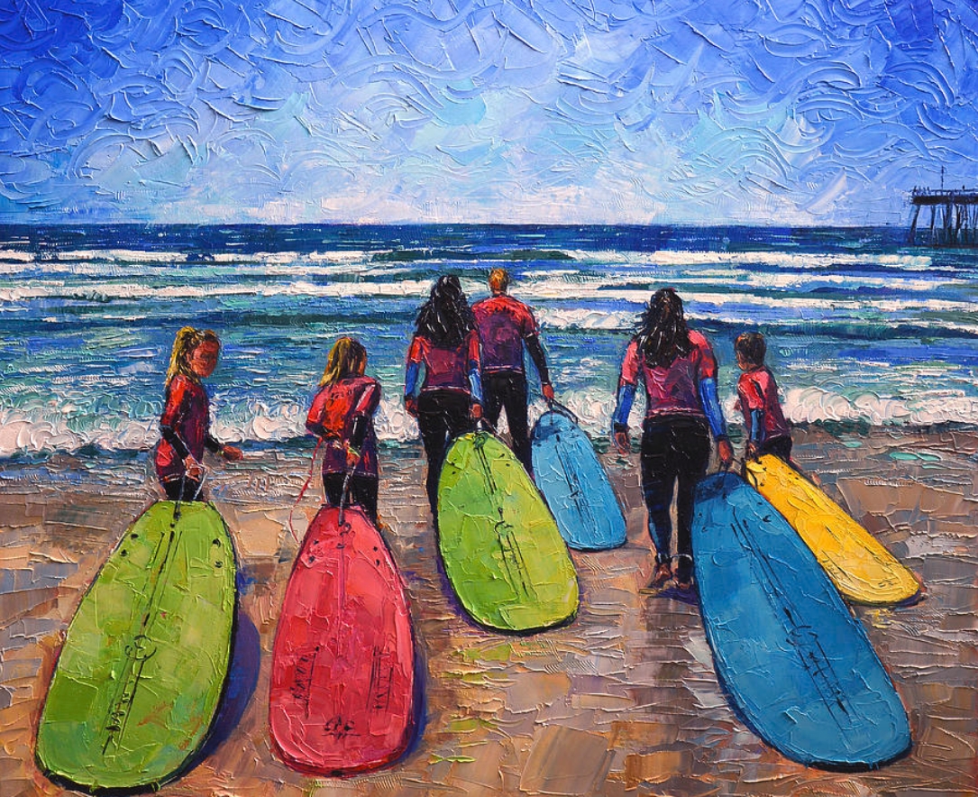 Surfing on the Sandy Shores, A Serene Escape - oil painting from photo