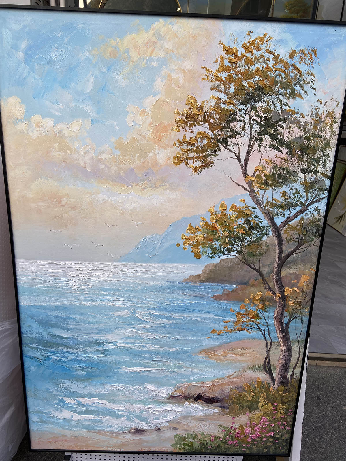 Transform Your Space: Discover the Magic of Custom Seaside Oil Paintings  A Perfect Blend of Mountains, Water, and Solitary Tree