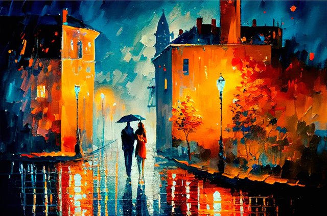 Small town romance, couple walking  - Customized handmade oil paintings